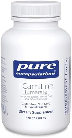 Hypoallergenic L-Carnitine Fumarate supplement bottle showing brand and capsule count.