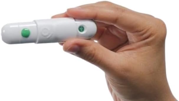 Adjustable pen style blood sugar lancing device showing five depth settings dial