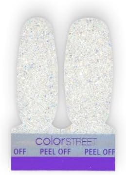 Close up of sparkly white glitter nail polish strips on hand
