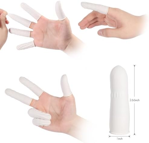 Medium sized latex finger protectors being rolled onto a fingertip