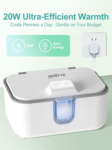 Kostte baby wipes warmer showing the gentle night light feature activated