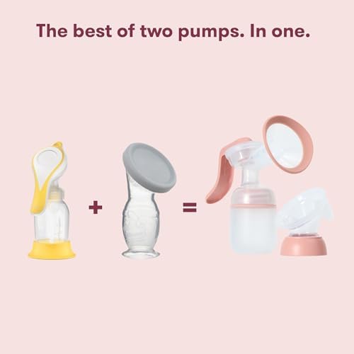 Frida Mom 2 in 1 manual breast pump being held to demonstrate the lightweight ergonomic design