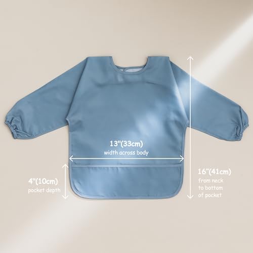 Waterproof sleeved baby smock showing the open catch all pocket for crumbs