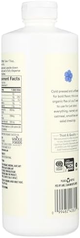 Close up of the nutritional facts on the 365 Whole Foods Market unfiltered flax oil supplement displaying Omega 3 6 9 values