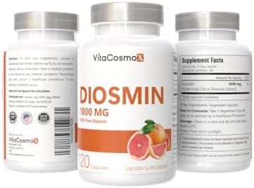 VitaCosmoX 1000 mg Diosmin supplement label details showing vegetarian ingredients.