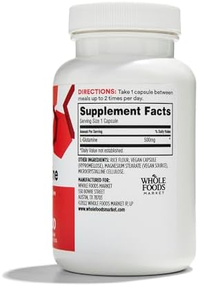 Side view of 365 by Whole Foods Market L-Glutamine supplement label