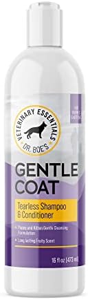 Imported puppy and kitten tearless shampoo showing ingredients and directions.