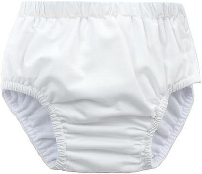 Infant wearing white reusable swim diaper side view