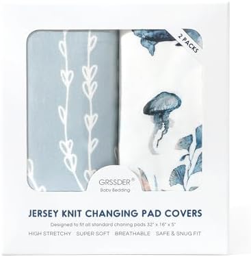 Two pack display of the blue and white sea fish patterned baby changing sheets side by side.