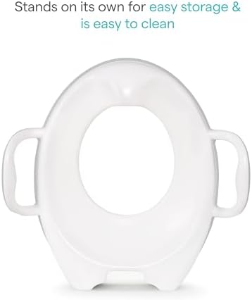 Munchkin stand up potty training ring standing vertically on its built in storage feet.