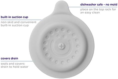 The Ubbi gray drain cover placed inside a baby bathtub