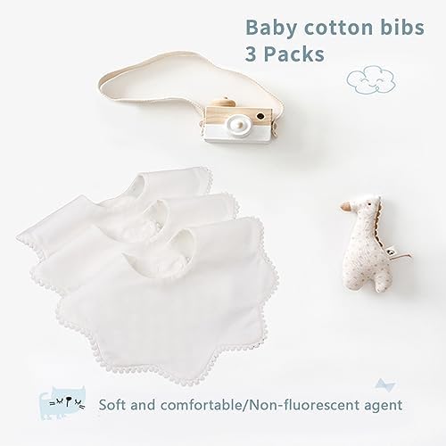 Soft white cotton baby bibs for teething infants