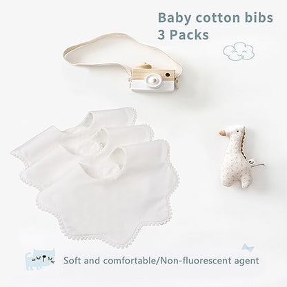 Soft white cotton baby bibs for teething infants