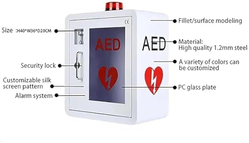 Industrial grade steel AED wall cabinet with snap lock and strobe light for public spaces.