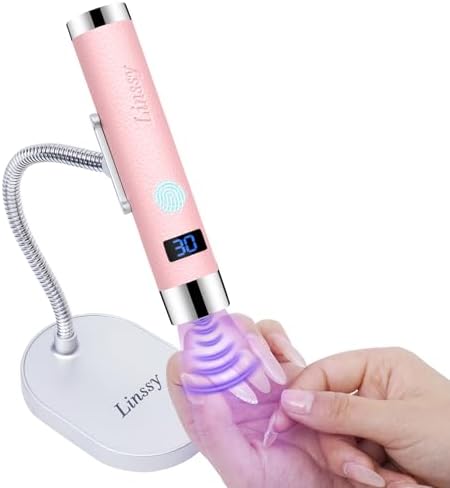 Linssy handheld cordless nail lamp attached to its flexible three hundred and sixty degree adjustable gooseneck stand