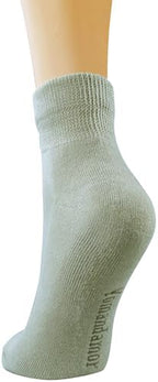 Five pairs of black Yomandamor women's non-binding ankle dress socks neatly displayed.