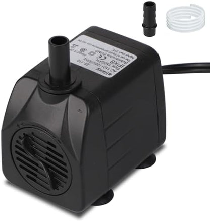 Alizzy 570 Liters Per Hour small fountain pump showing the adjustable slide cover for flow control.