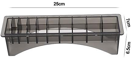 Transparent premium plastic hair trimmer guide comb storage case showing segmented slot dimensions.