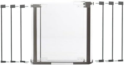 Qdos Crystal and Spectrum compatible safety gate extenders displayed in a minimalist home hallway setup