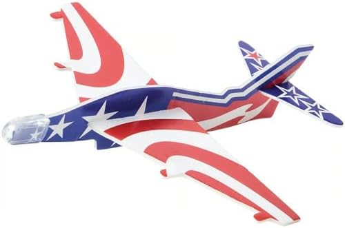 Pack of twelve U.S. Toy foam gliders displaying assorted American flag inspired wing patterns.