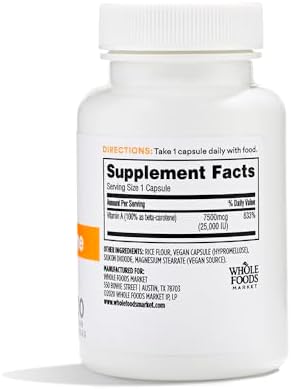 365 by Whole Foods Market Beta-Carotene supplement facts panel showing 7500mcg Vitamin A dosage