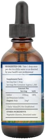 Liquid iodine trace mineral supplement bottle showcasing vegan and kosher certified icons.