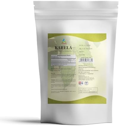 Herbal Hills Karela Ayurvedic supplement powder packaging displaying weight details