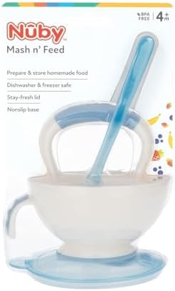 Textured interior of Nuby blue mashing bowl demonstrating efficient fruit and vegetable pureeing
