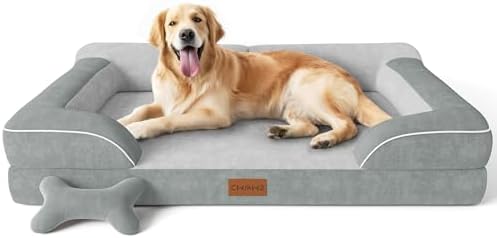 CWAWZ Extra Large Dog Bed, Orthopedic Dog Bed with Cooling Gel Memory Foam, Waterproof XL Pet Bed with Removable Washable Cover, 42" Pet Sofa Couch Dutch Velvet with Bone Toy, Light Gray - Image 2