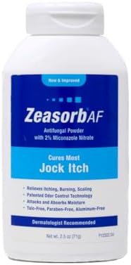 Side angle of Zeasorb AF dusting powder bottles displaying the talc-free and paraben-free product labels.