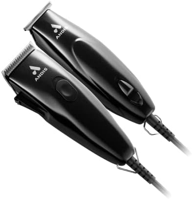 Heavy duty corded electric professional barber clipper and trimmer set in metallic black.