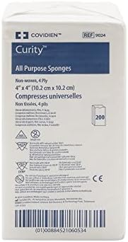 Four ply four by four inch rayon and polyester blend medical gauze sponges showing texture and thickness.
