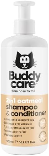 Buddycare 2in1 oat cat shampoo showing vegan and pH balanced certification labels clearly.