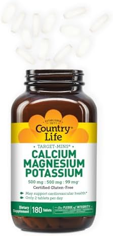 Country Life mineral supplement bottle showing the back label with nutritional values including calcium, magnesium, and potassium dosages.