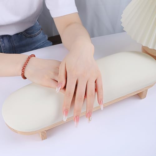 Side profile showing wooden base of manicure hand stand