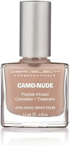 A close-up of the Dermelect Camo-Nude brush application demonstrating full coverage on a natural nail plate.
