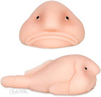 Imported Accoutrements Sunny The Blobfish collectible toy sitting upright on a desk showing its textured pink body.