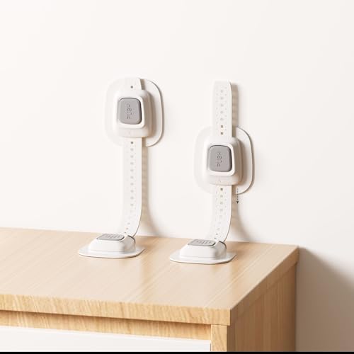 Two pack of white and grey anti tip cabinet straps for renter friendly home baby proofing.