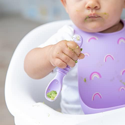 Three pastel lollipop colored baby spoons from Bumkins displayed on a clean background