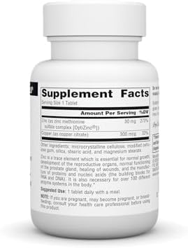 Source Naturals zinc methionine sulfate complex supplement facts label