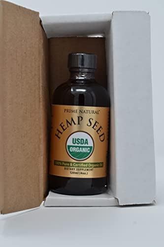 Prime Natural hemp seed oil bottle next to natural hemp seeds