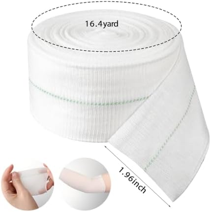 Elasticated tubular gauze roll being applied to an arm for compression.