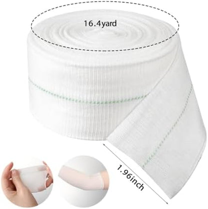 Elasticated tubular gauze roll being applied to an arm for compression.