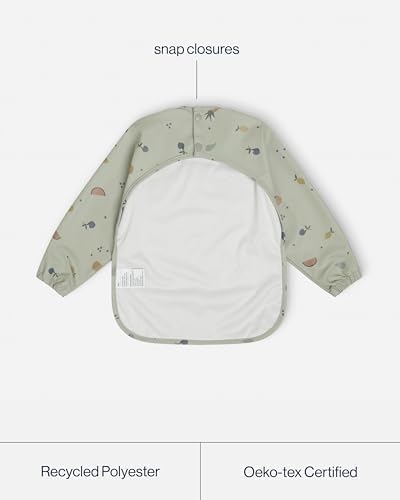 Back view of the Lalo baby feeding smock highlighting the adjustable neck closure for growing toddlers.