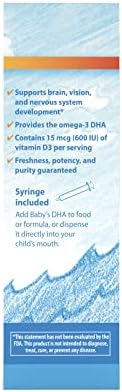 Infant omega-3 fish oil bottle by Carlson Labs with the included easy-to-dose measuring syringe
