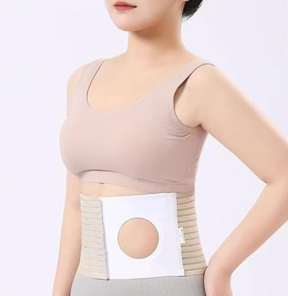 Steawoce stoma binder brace showing the adjustable hook and loop adhesive closure system