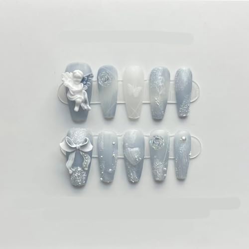 ZIIVIEVS long blue press on nails close up layout highlighting bowknot flower details