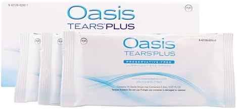 Thirty sterile single use containers of Oasis TEARS PLUS eye drops displayed outside the box.