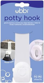 Ubbi universal size hook demonstrating its capability to support various household bathroom utility items.