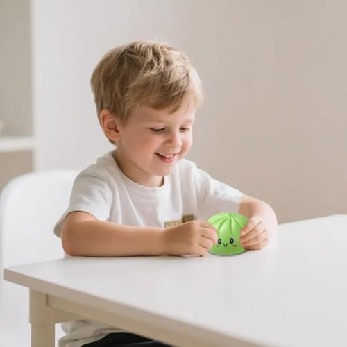 PLGEBR dumpling fidget sensory toy displayed on a modern office desk setup next to a laptop to show its size as a stress relief desk toy
